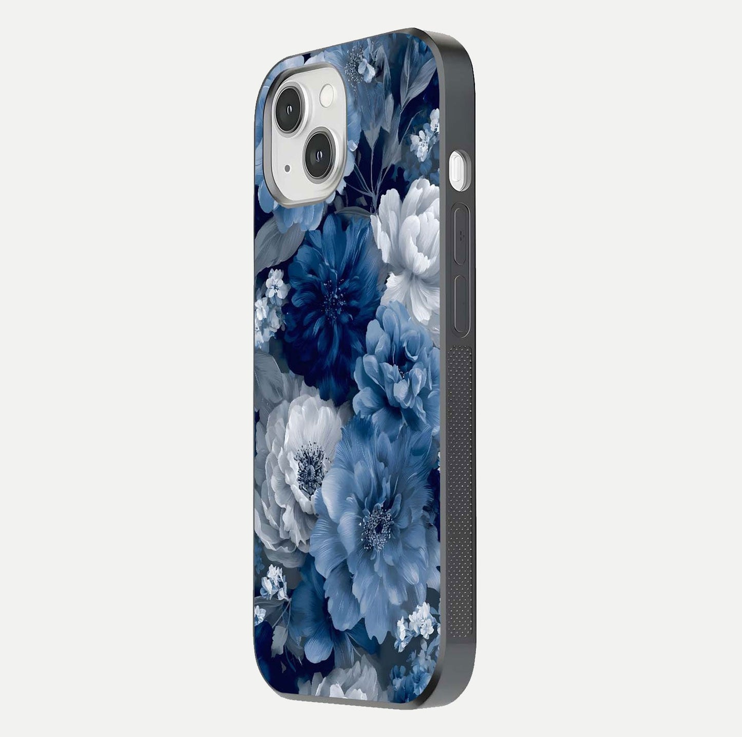 Royal Bloom Garden Glass Case for iPhone 14 side-angle image showing floral pattern, edges, and reflection