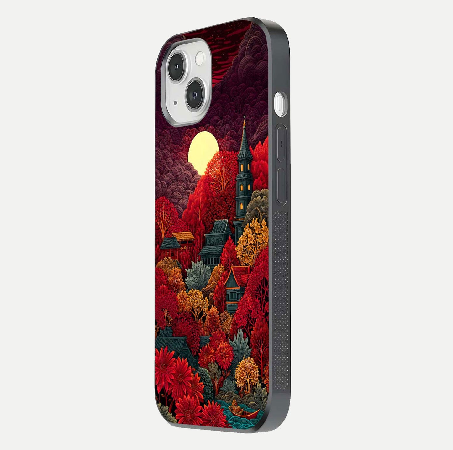 Scarlet Autumn Temple Glass Case for iPhone 14 side-angle image showing color depth and reflection clarity