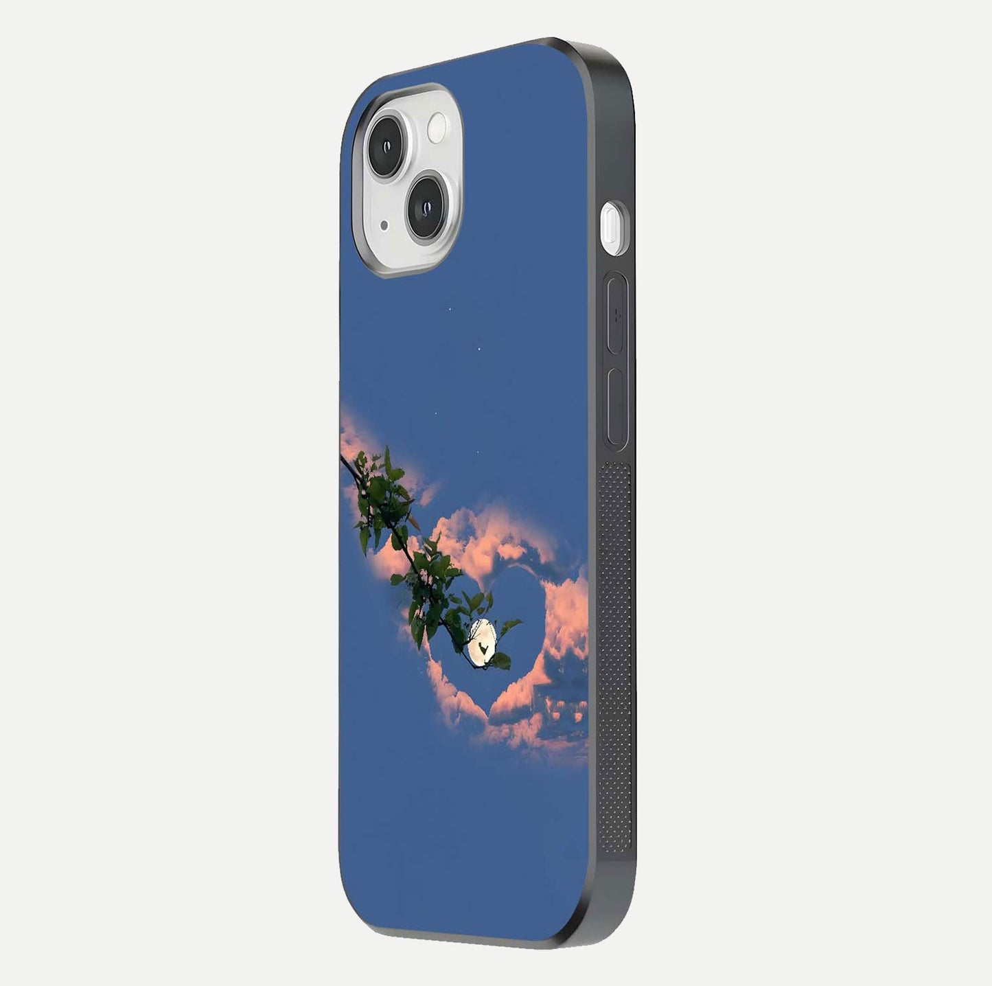 Sky Under Tree Glass Case for iPhone 14 side-angle image showing shine, edge texture, and scenic detail