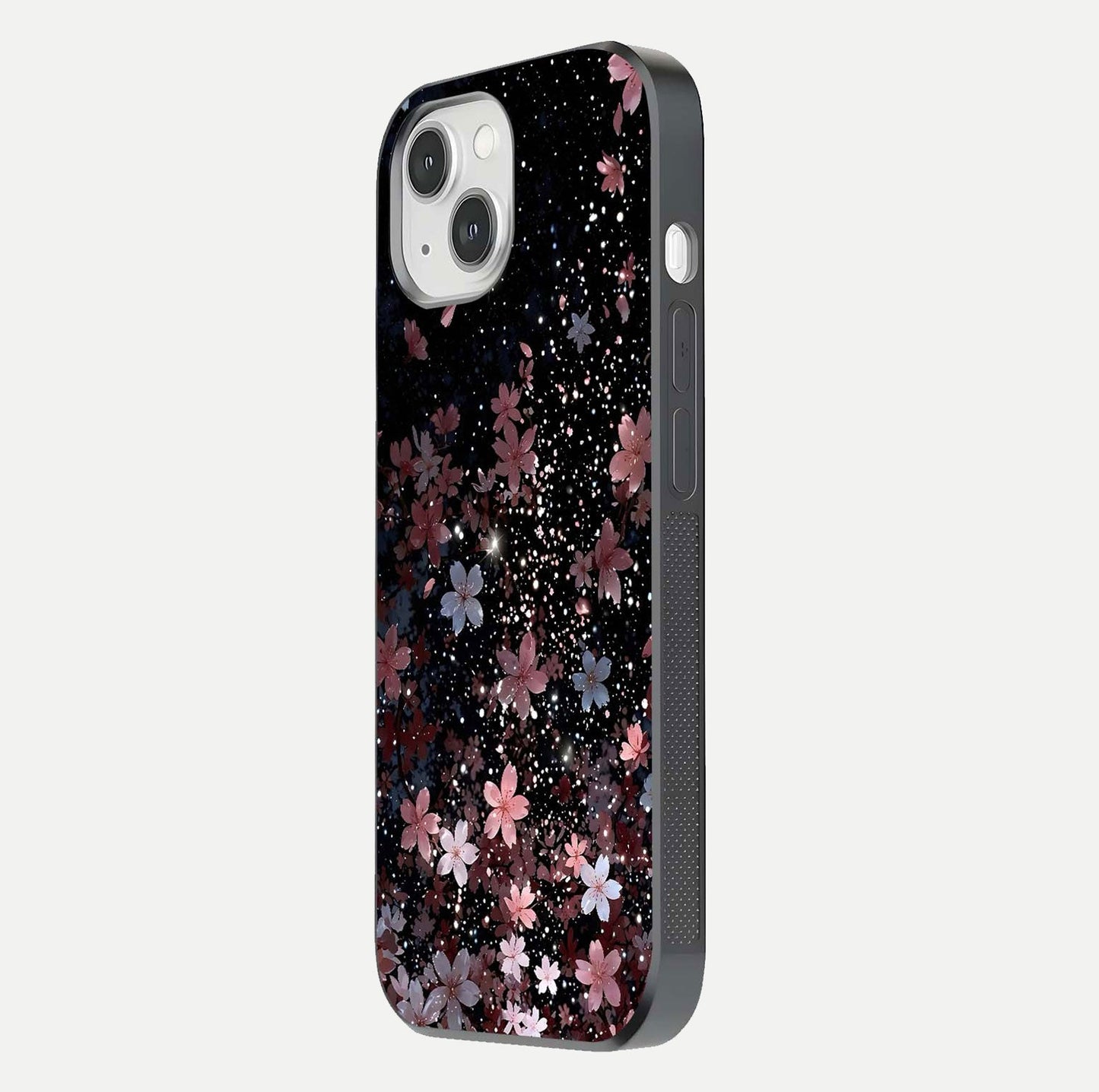 Starlit Flower Dreams Glass Case for iPhone 14 side-angle image showing shine, edge detail, and floral contrast