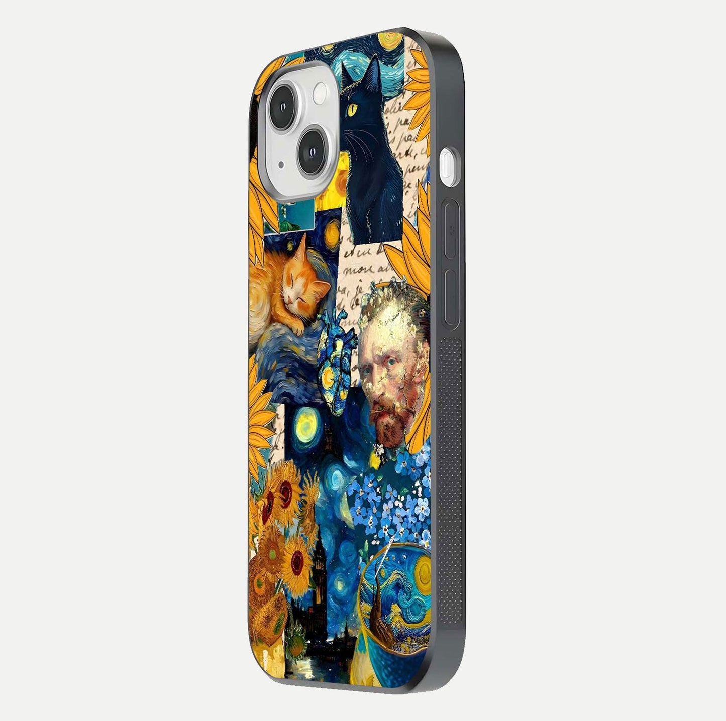 Sunflower Cat Art Glass Case for iPhone 14 side-angle image showing shine, edges, and sunflower texture