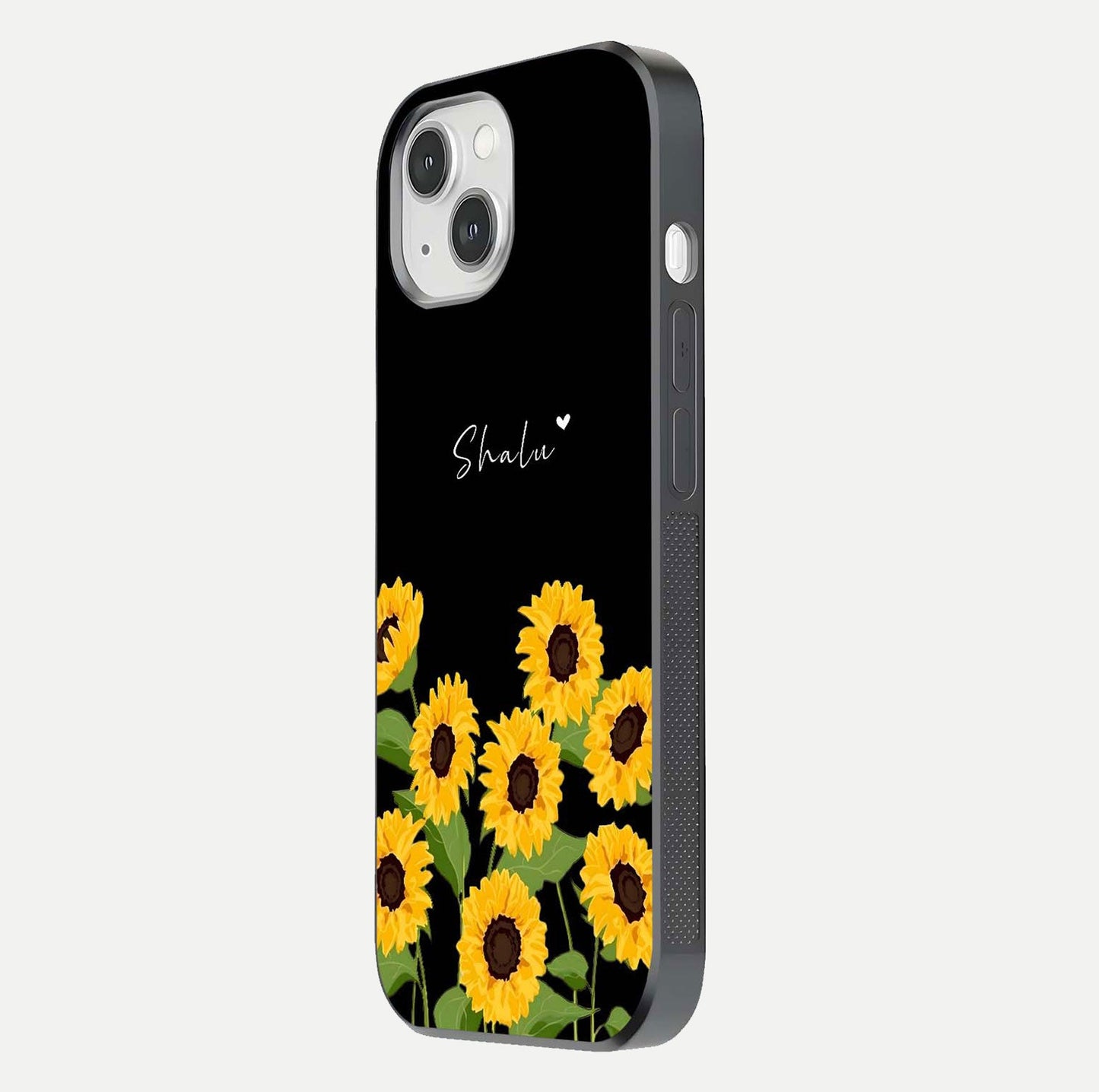Sunflower Chic Mood Custom Name Glass Case for iPhone 16 Pro side-angle image showing reflection and yellow floral tone