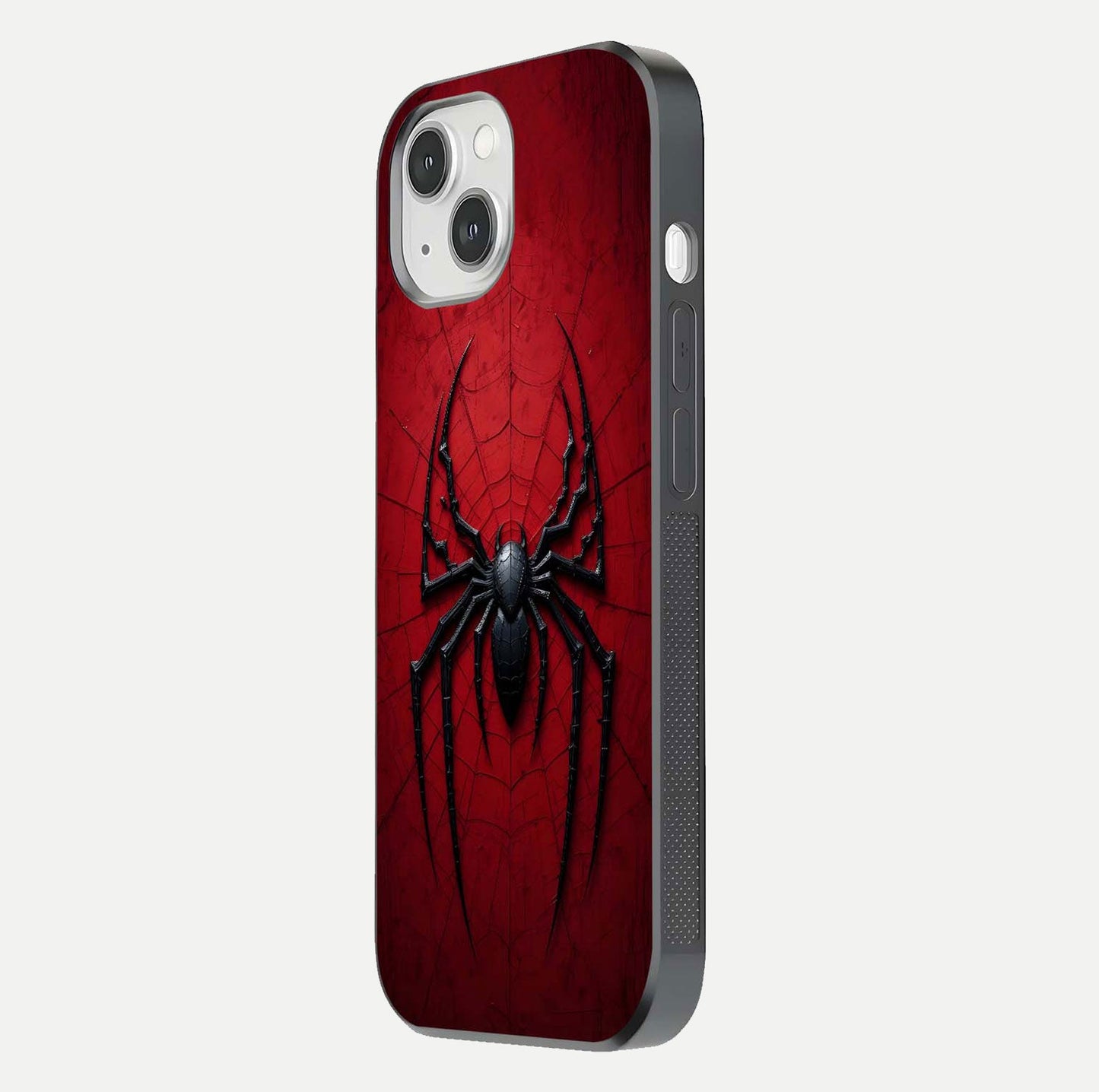 Venom Web Emblem Glass Case for iPhone 14 side-angle image showing reflection and dark color tones