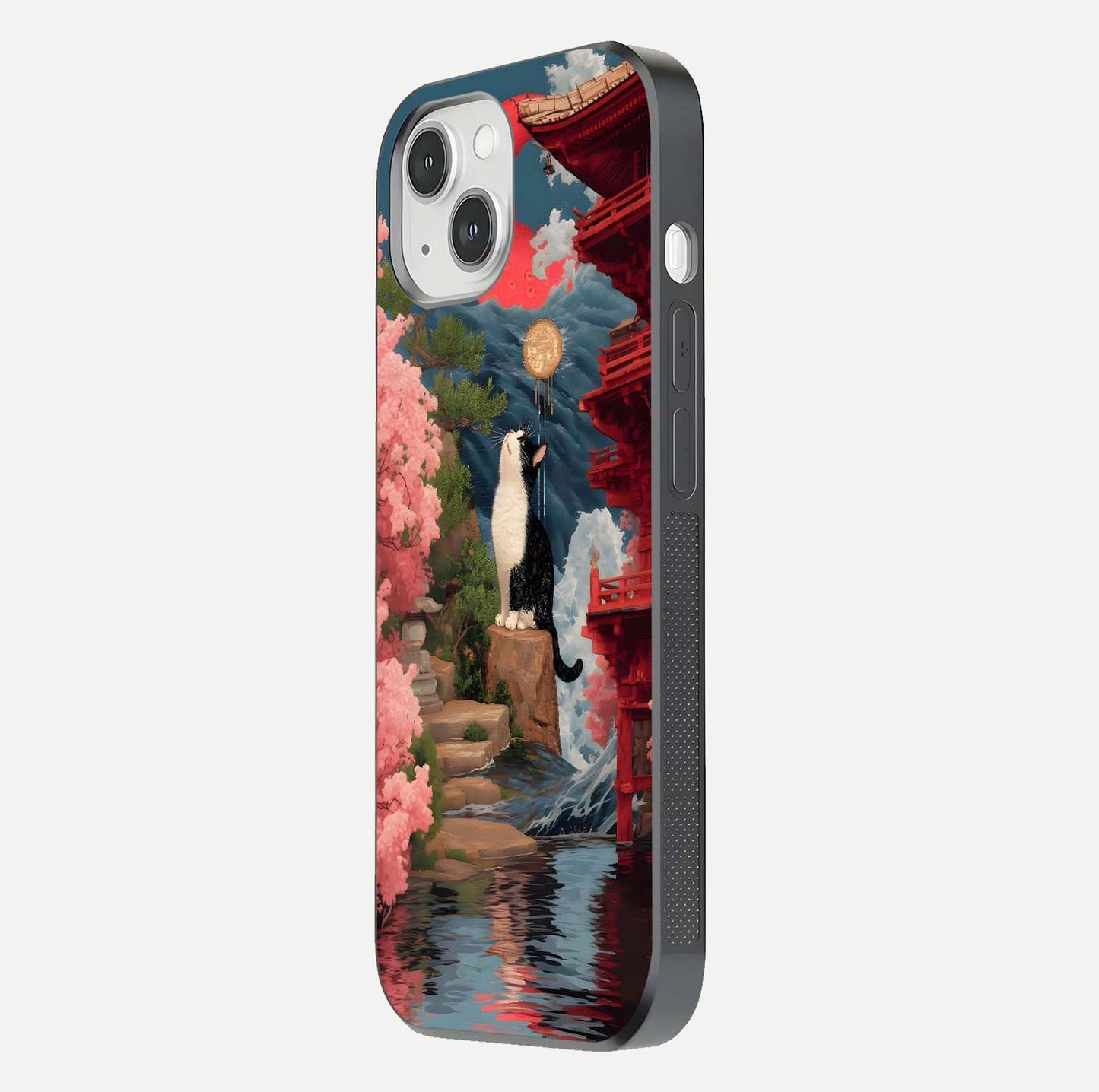 Temple Cat Scenery Glass Case for iPhone 14 side-angle image showing shine and printed temple pattern