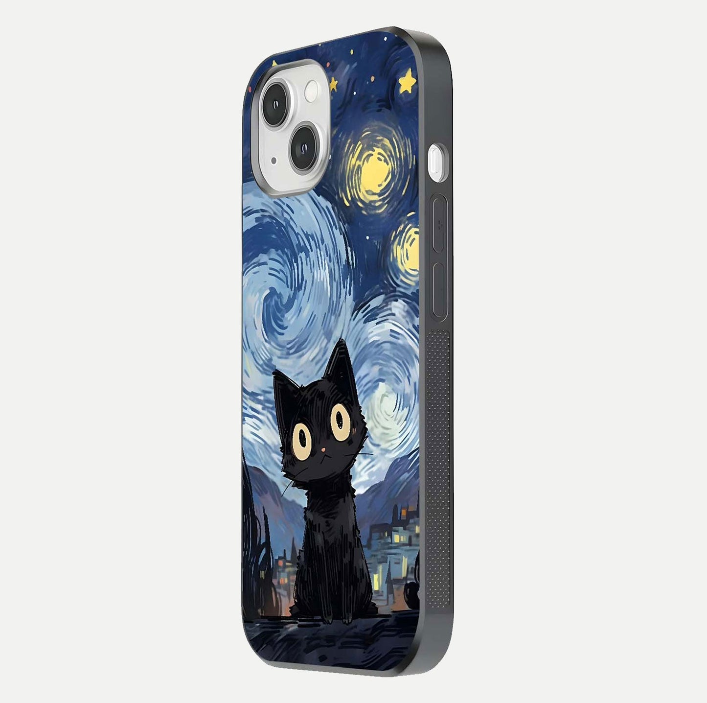 Van Gogh Cat Glass Case for iPhone 16 Pro side-angle image showing light reflection and vivid artwork