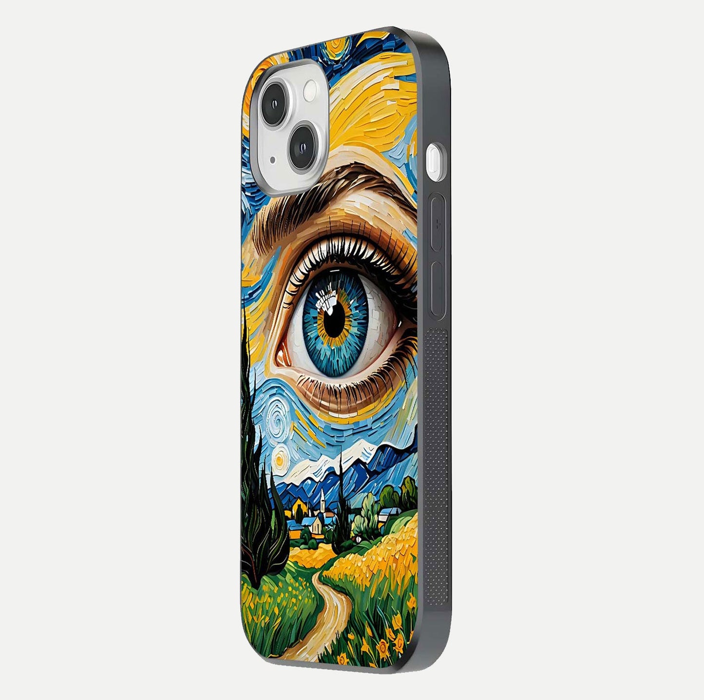 Van Gogh Eye Glass Case for iPhone 16 Pro side-angle image showing reflection, gloss, and artistic contrast