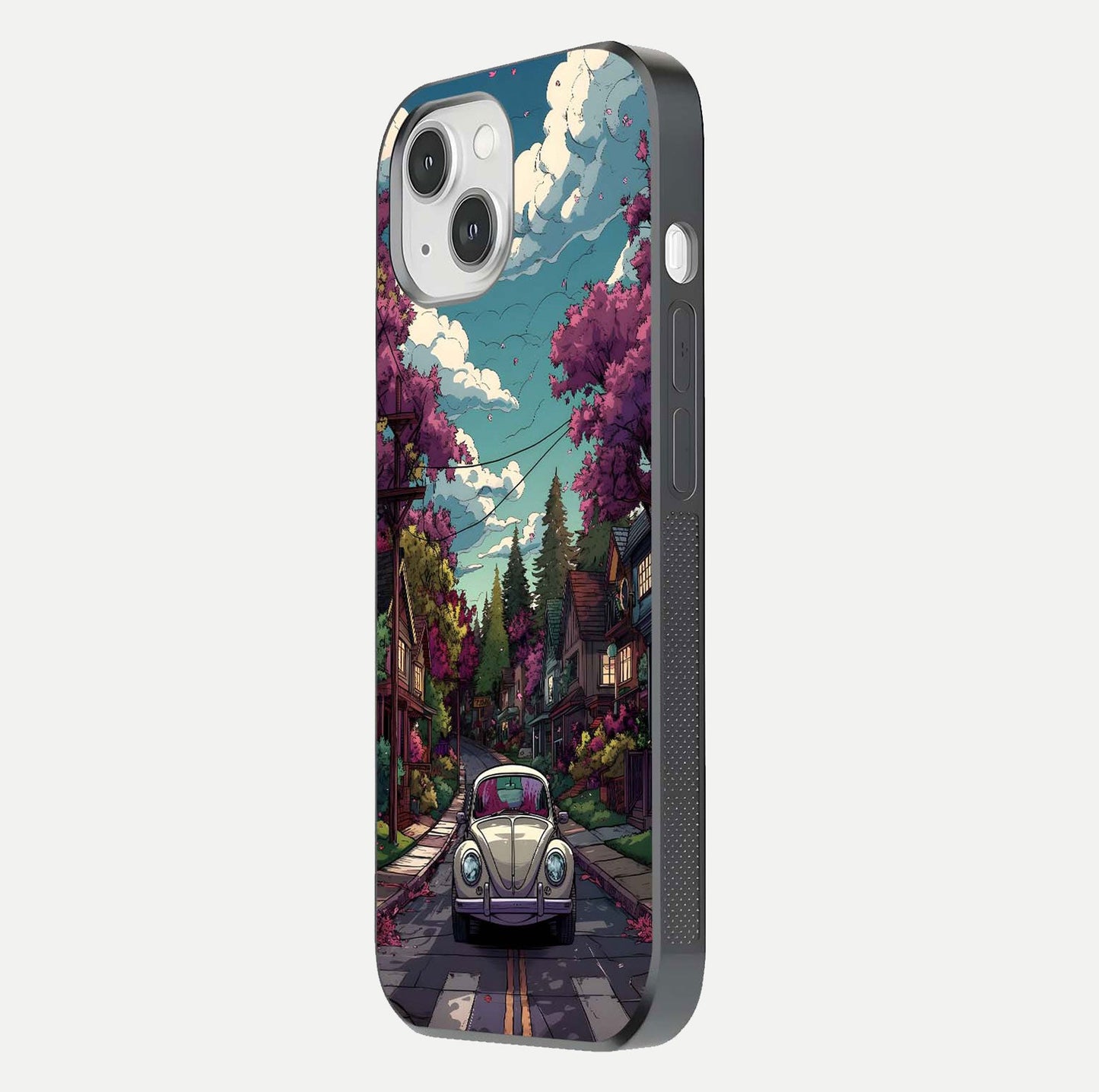 Vintage Street Drive Glass Case for iPhone 14 side-angle image showing gloss reflection and design detail