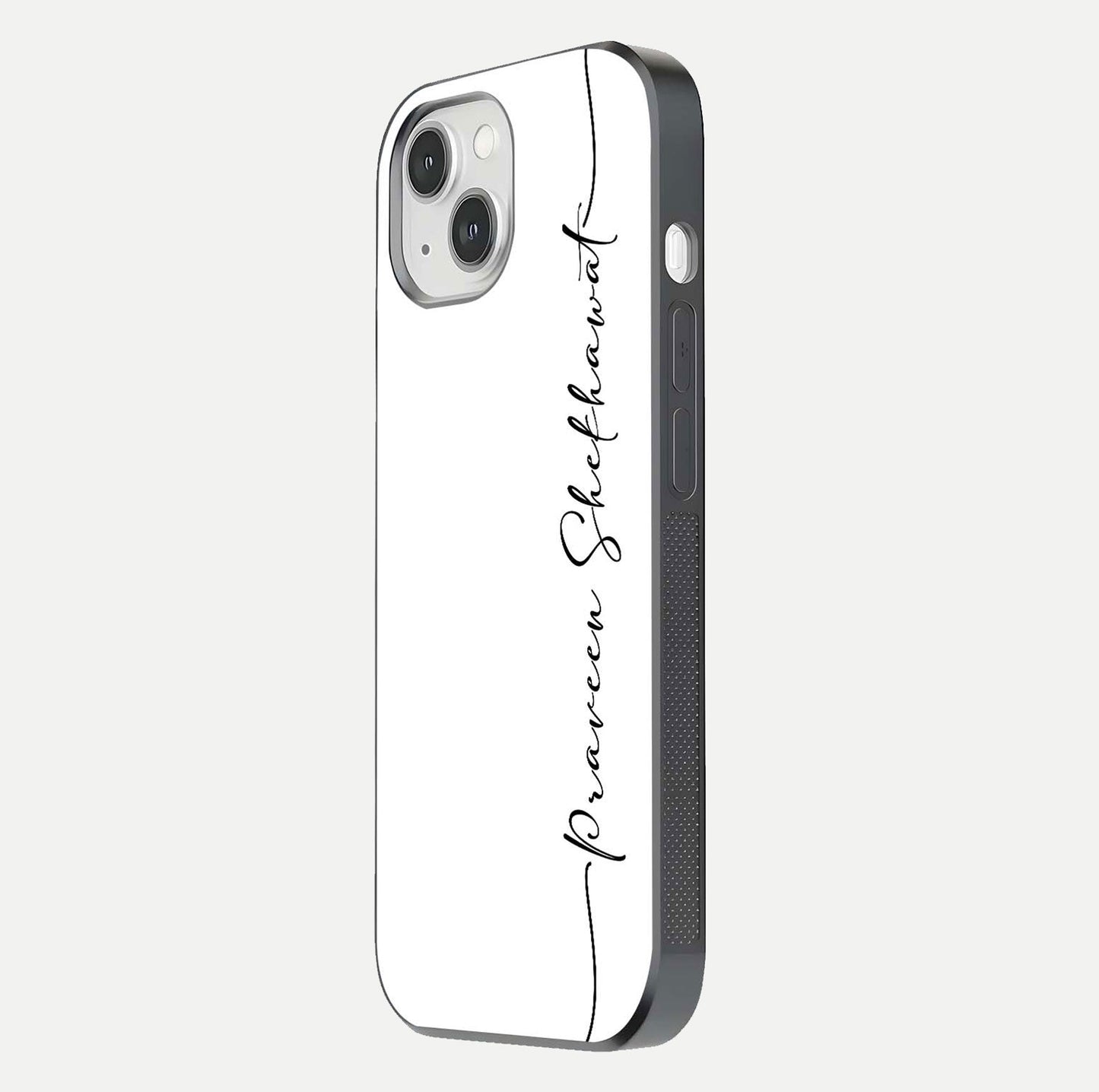 White Tune Custom Name Glass Case for iPhone 16 Pro side-angle image showing shine, gloss, and minimal tone