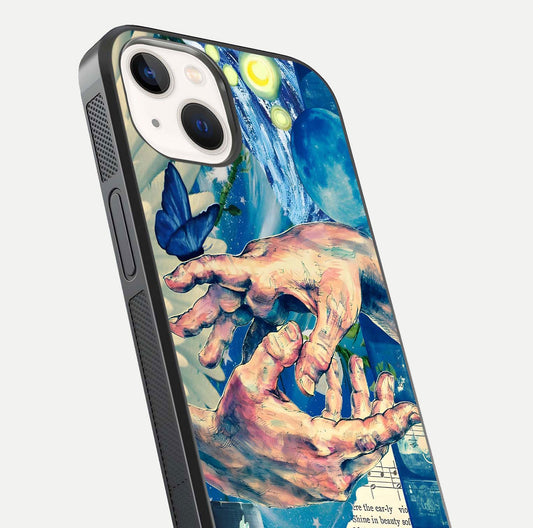 Aesthetic Divider Glass Case for iPhone 14 close-up angled shot showing detailed divider artwork and gloss reflection