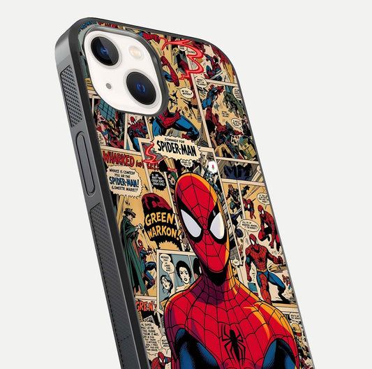 Aesthetic Spider Man Glass Case for iPhone 14 close-up angled shot showing detailed Spider-Man artwork and gloss reflection