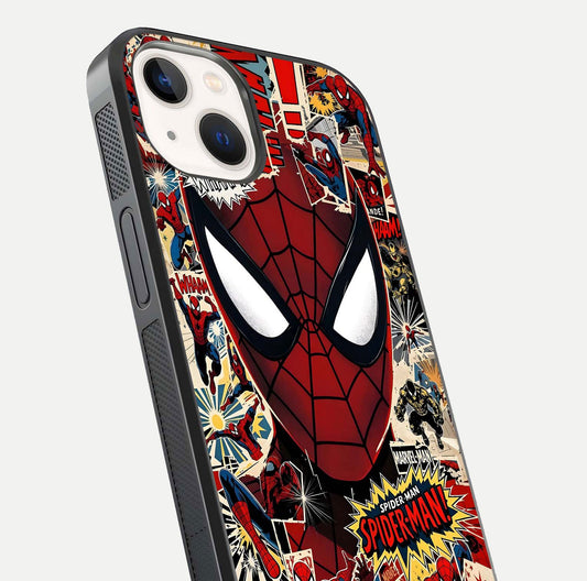 Aesthetic Wonder Spider Glass Case for iPhone 14 angled close-up highlighting spider web detail and vibrant color gloss