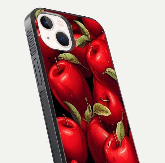 Apple Pattern Glass Case for iPhone 14 close-up angle showing pattern texture and shine reflection