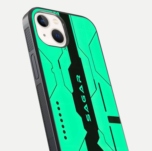 Aqua Tech CYBERPUNK Custom Name Glass Case for iPhone 14 close-up angle showing futuristic blue lights and reflections