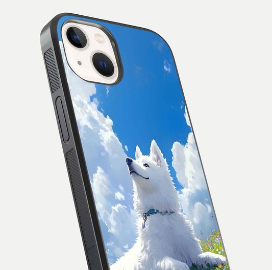 Blissful Cloud Pup Glass Case for iPhone 14 close-up image highlighting puppy details and glossy reflection