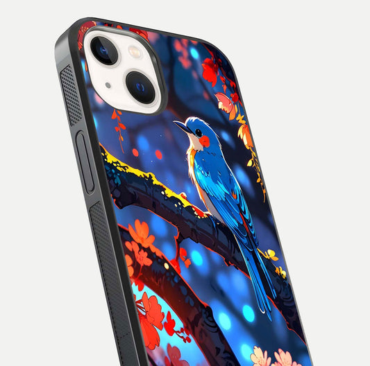 Blooming Spendor Bird Glass Case for iPhone 14 close-up shot highlighting bird design details and glossy shine