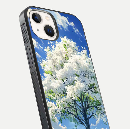 Blossom Sky Serenity Glass Case for iPhone 14 close-up highlighting calming flower details and reflection gloss