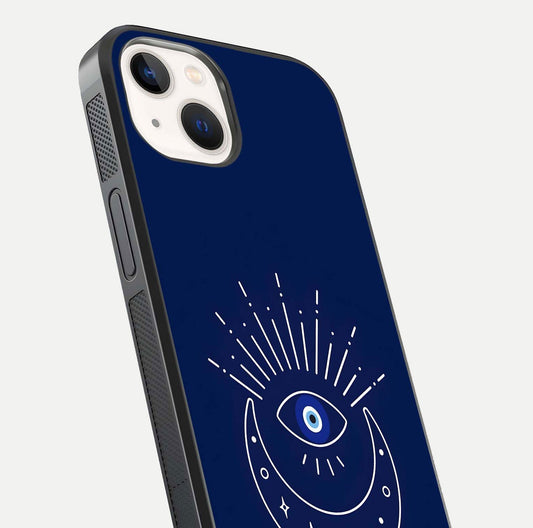 Blue Evil Eye Glass Case for iPhone 14 close-up shot highlighting eye motif, protection symbol, and glass shine