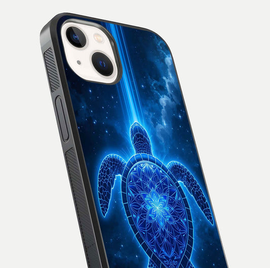 Blue Galaxy Turtle Glass Case for iPhone 14 close-up image showing turtle shell detail and glowing galaxy tones
