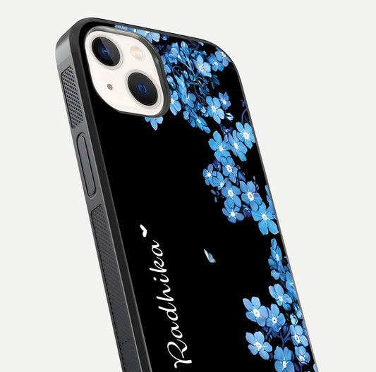 Blue Petal Dream Custom Name Glass Case for iPhone 14 close-up highlighting petal texture and gloss reflection