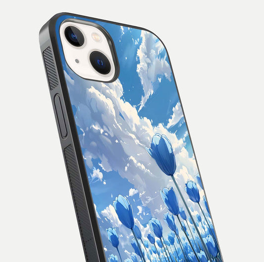 Blue Tulip Clouds Glass Case for iPhone 14 close-up image highlighting tulip petals, clouds, and reflection texture