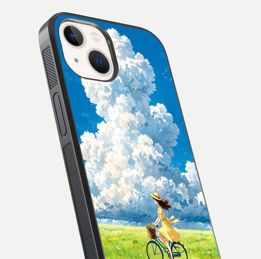 Breezy Meadow Ride Glass Case for iPhone 14 close-up shot showing flowers and breezy motion texture