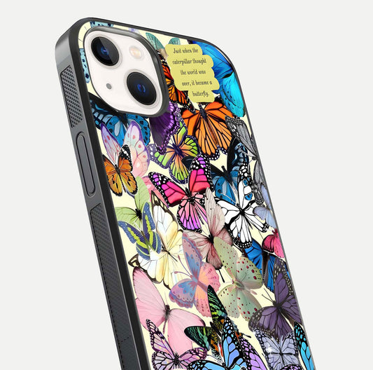 Butterflies Petal Dream Glass Case for iPhone 14 close-up highlighting butterfly wings and pink petal gloss