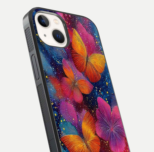 Butterfly Dream Mist Glass Case for iPhone 14 close-up capturing wing pattern detail and glossy finish texture