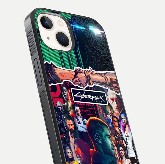 CYBERPUNK Legacy Glass Case for iPhone 14 close-up highlighting circuit texture and reflection tone