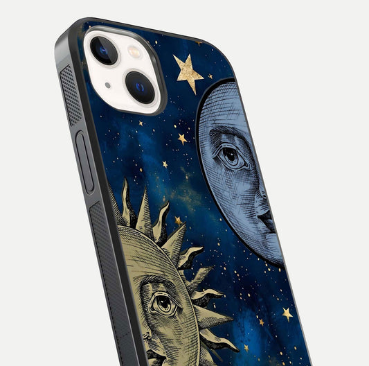 Celestial Moon With Sun Glass Case for iPhone 14 close-up highlighting fine celestial detail and polish reflection