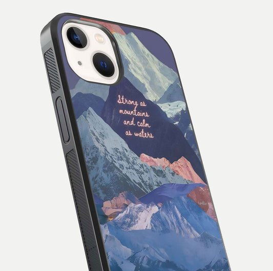 Celestial Mountain Calm Glass Case for iPhone 14 close-up showing peak reflection and HD gloss texture