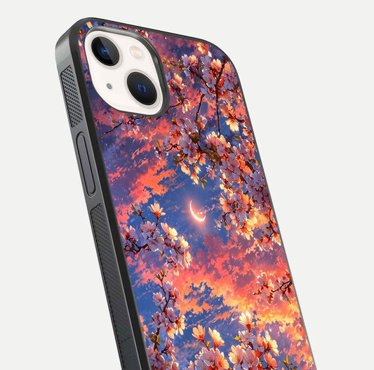 Celestial Sakura Sunset Glass Case for iPhone 14 close-up image highlighting blossom petals and gloss shine