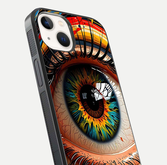 Colorful Eye Glass Case for iPhone 14 close-up highlighting eye pattern detail and reflection shine