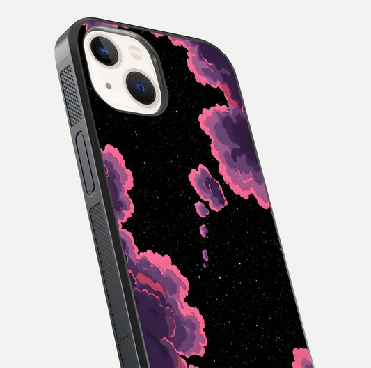 Cosmic Cloud Journey Glass Case for iPhone 14 close-up highlighting star clusters and reflection texture