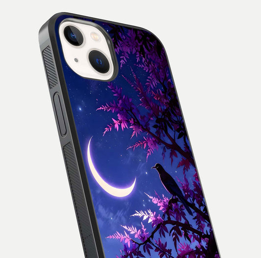Crow & Moon Scenery Glass Case for iPhone 14 close-up highlighting moon detail, dark tones, and glass reflection