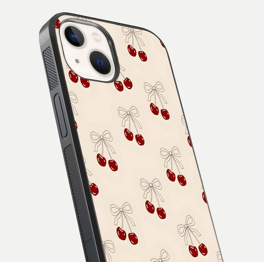 Cute Cherry Pattern Glass Case for iPhone 14 close-up showing cherry cluster details and light reflection