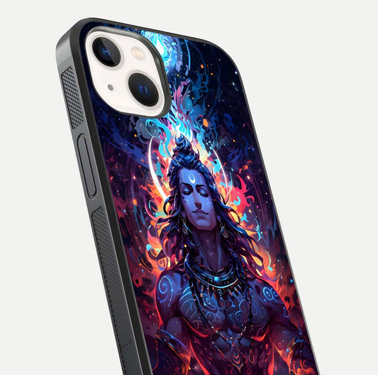 Divine Fire Shiv Glass Case for iPhone 14 close-up highlighting divine detailing and reflection depth