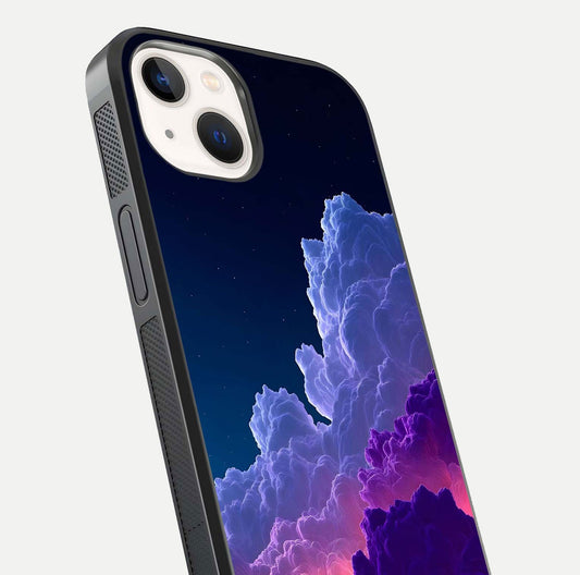 Dreamy Cloud Skies Glass Case for iPhone 14 close-up highlighting soft gradient tones and reflection glow