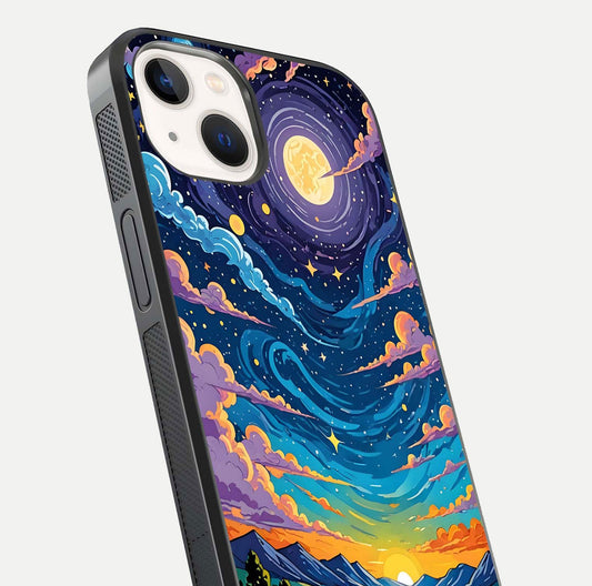 Dreamy Night Landscape Glass Case for iPhone 14 close-up highlighting stars and reflection tone