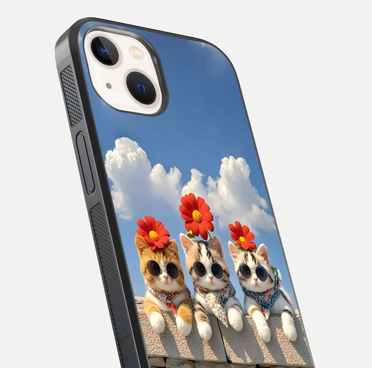 Floral Kitty Squad Glass Case for iPhone 14 close-up highlighting cat detail and flower patterns with HD shine