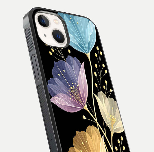 Flower Bloom Glow Glass Case for iPhone 14 close-up highlighting bloom detail and reflection polish