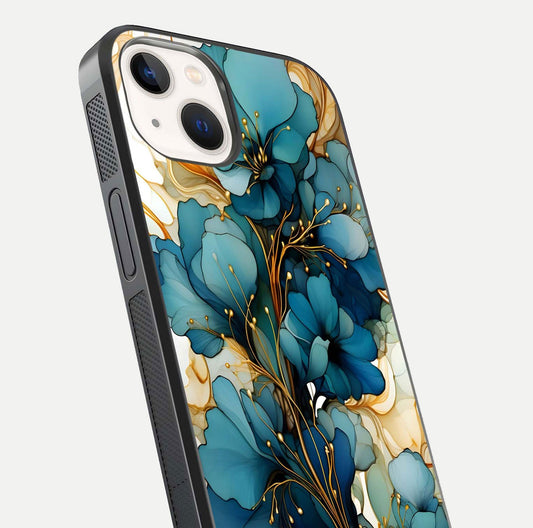 Golden Bloom Symphony Glass Case for iPhone 14 close-up angled shot showing detailed petals and metallic gold reflection