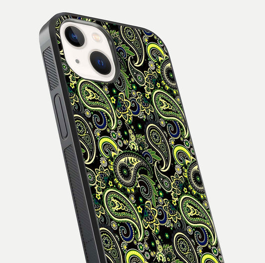 Green Mandala Pattern Glass Case for iPhone 14 close-up angled shot showing fine detailing and gold-green reflection