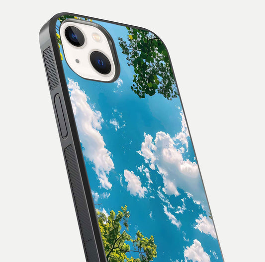 Greenery Sky Glass Case for iPhone 14 close-up angled shot showing leafy tones and reflection brightness