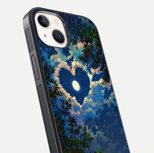 Heart with Moon Sky Glass Case for iPhone 14 close-up angled shot showing lunar reflection and shine detail