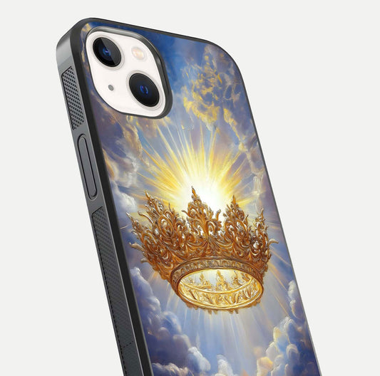 Heavenly Crown Light Glass Case for iPhone 14 close-up angled shot showing glowing halo details and smooth reflection