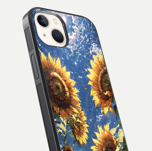 Heavenly Sunflower Rise Glass Case for iPhone 14 close-up angled shot showing sunflower texture and reflection polish