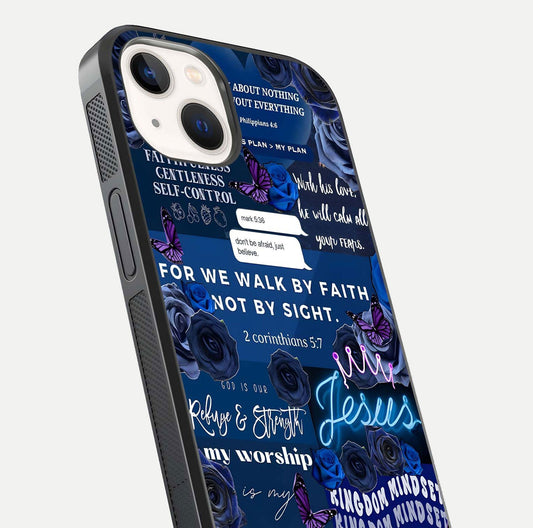 Kingdom Faith Glow Glass Case for iPhone 14 close-up angled shot showing luminous text and divine reflection