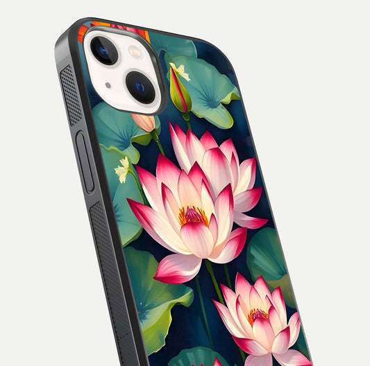 Lotus Dream Serenity Glass Case for iPhone 14 close-up angled shot showing floral details and soft shine