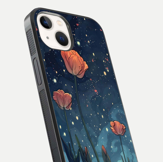 Midnight Tulip Glow Glass Case for iPhone 14 close-up angled shot showing petal details and reflection glow