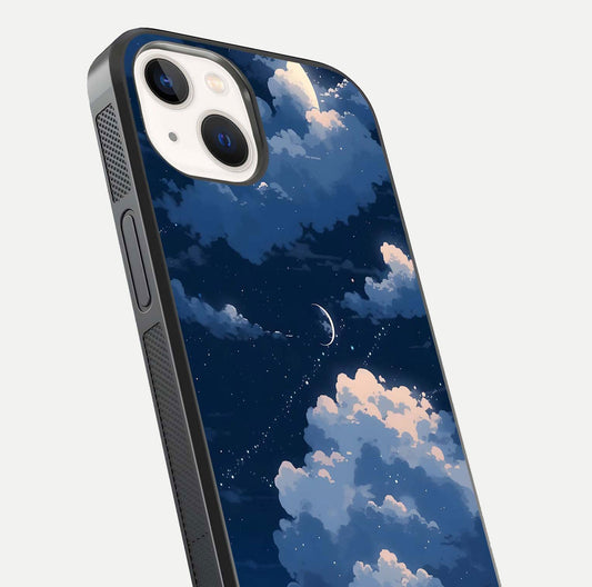 Moon Dream Haze Glass Case for iPhone 14 close-up angled shot showing moon reflection and subtle glow